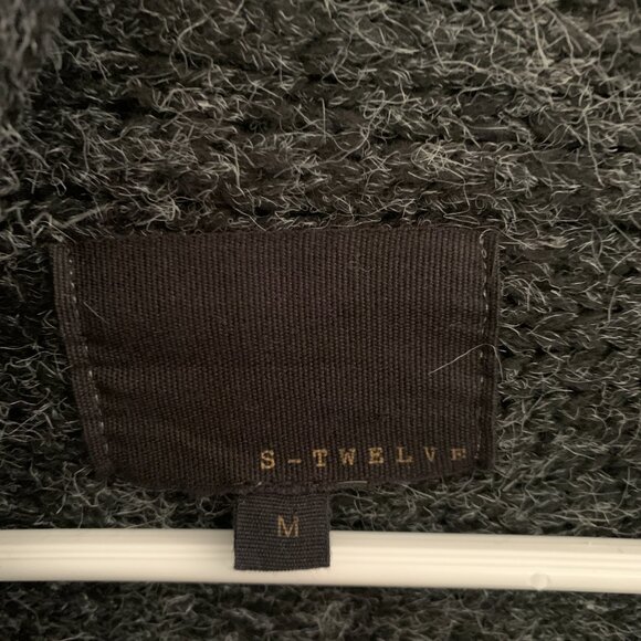 S-Twelve Dark Gray Wool Cardigan Faux Fur Ruffle Mid-Length Medium Long Sleeve - Picture 4 of 6